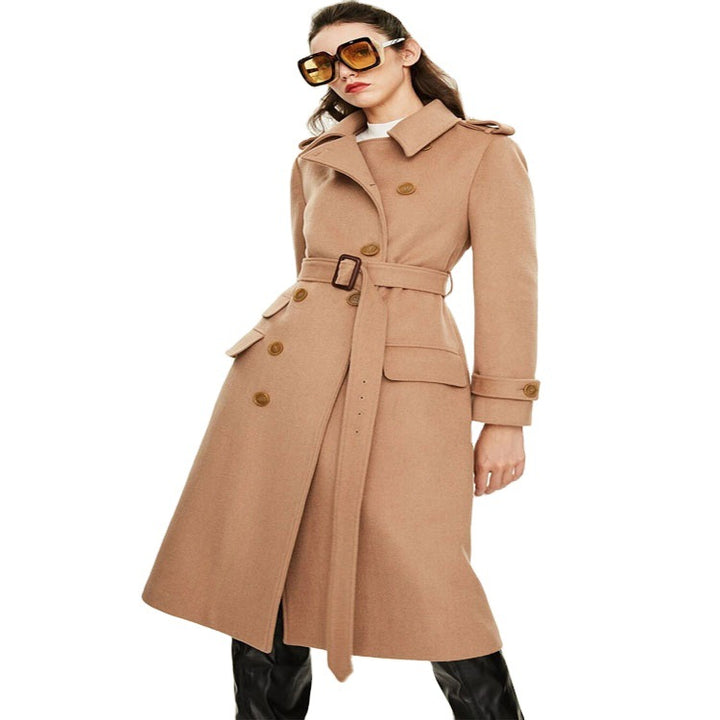 Damen taillierter A‑Linien Trenchcoat aus Woll‑Kaschmirmix mit Taillengürtel und Patten Echoarchiv