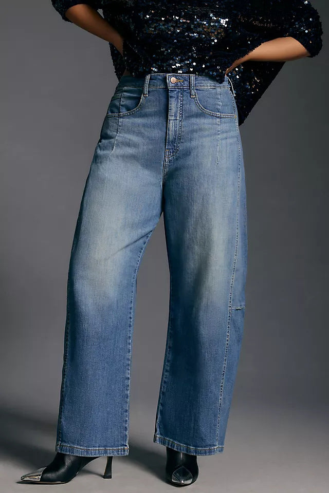 Damen nan hochgeschnittene weite Culotte-Jeans mit verkürzter Länge und dekorativen Nahtdetails Echo Archiv