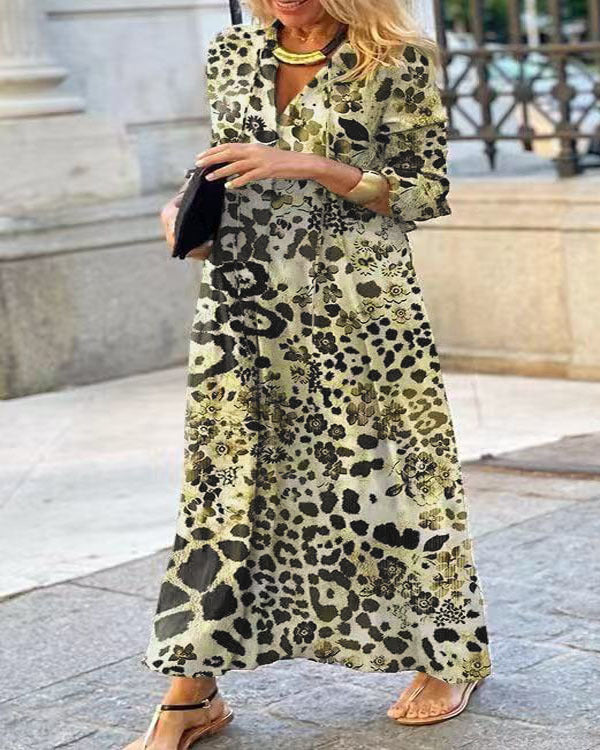 Damen Maxikleid im Hemdblusenstil mit Leopardenmuster, V-Ausschnitt und Dreiviertelärmeln – Valéora