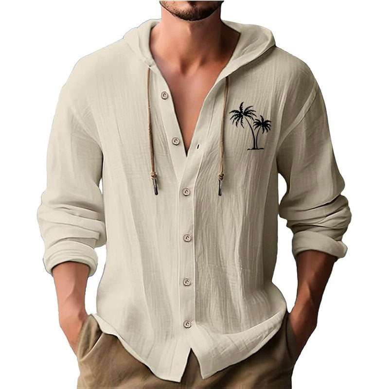 Herren lässiges Kapuzenshirt mit dekorativem Palmendruck und Knopfleiste Echoarchiv
