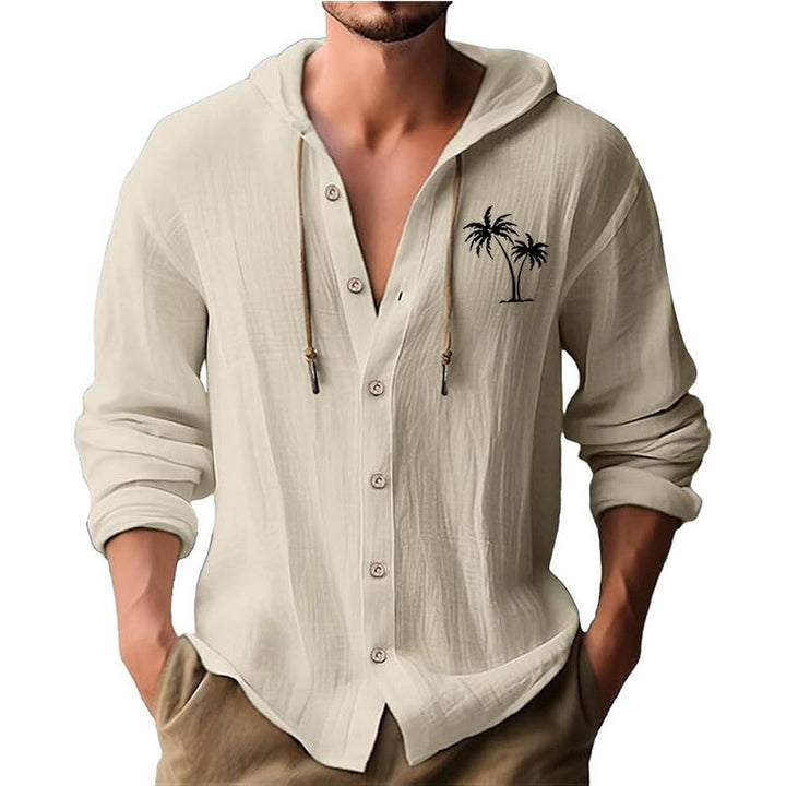 Herren lässiges Kapuzenshirt mit dekorativem Palmendruck und Knopfleiste Echoarchiv