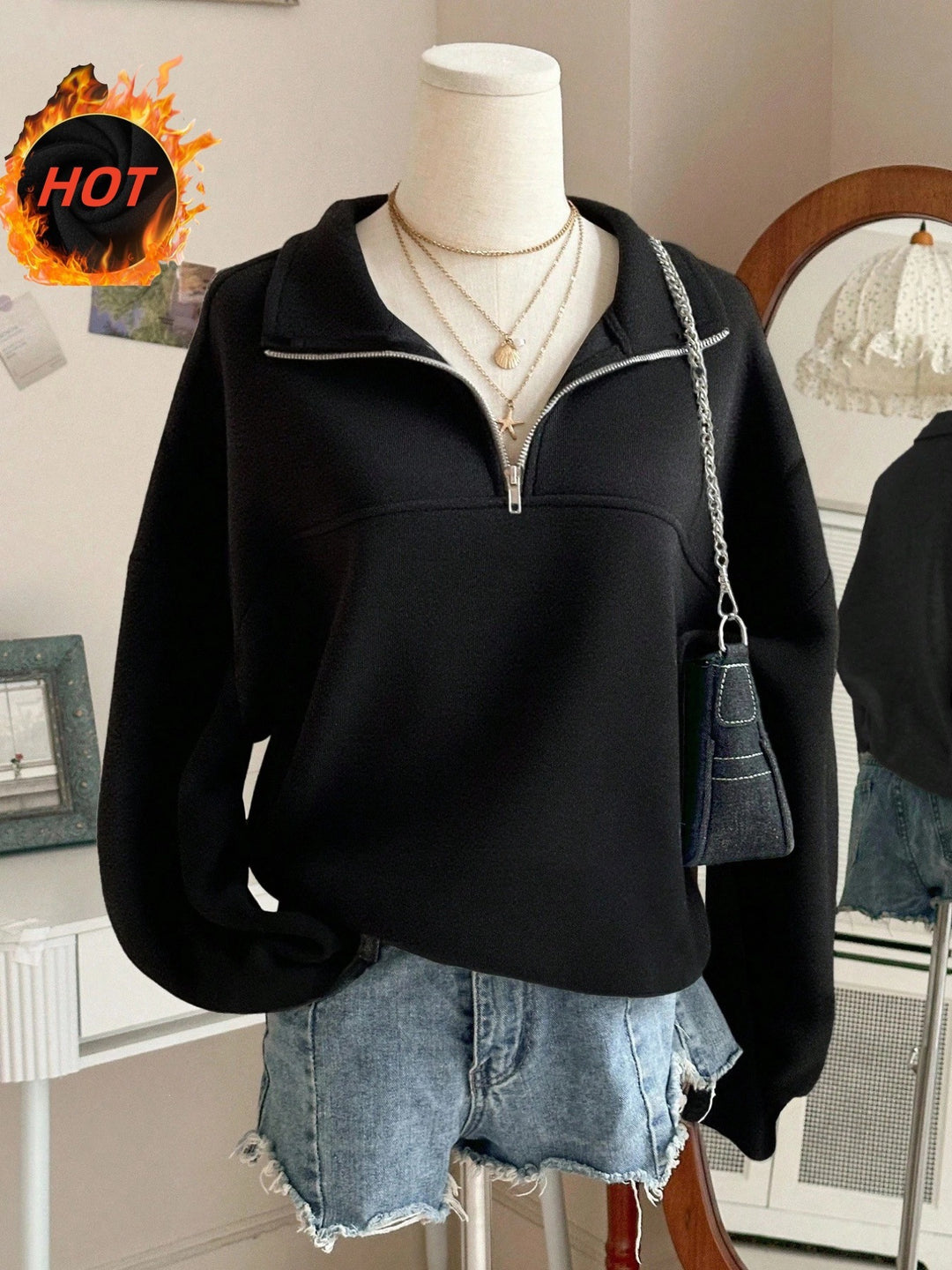 Damen nan Oversize Sweatshirt mit halbem Reißverschluss, Stehkragen und Ballonärmeln Echo Archiv