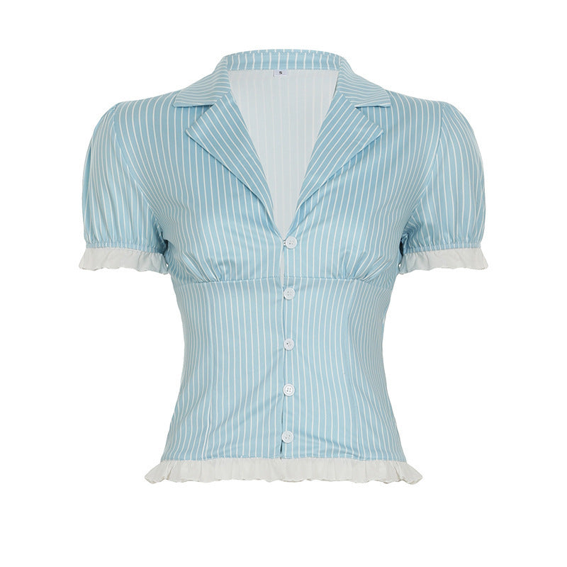Damen Kurzes Blusenshirt mit Rüschenärmeln und Streifenmuster Echo Archiv