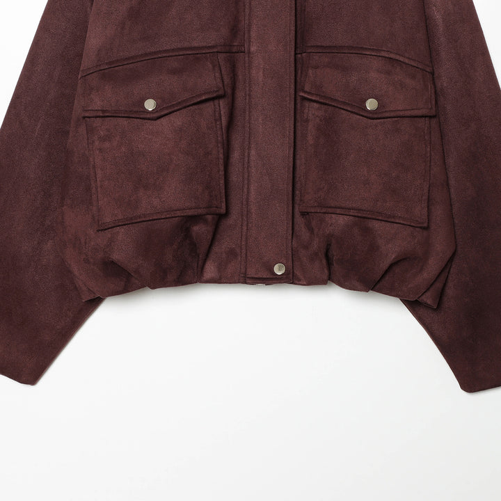 Damen kurzes Veloursblouson mit Stehkragen, Schulterpaspeln und aufgesetzten Klappentaschen – Célinea
