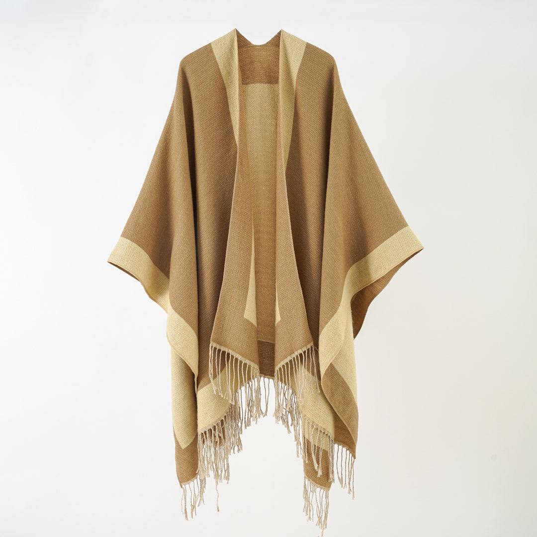 Damen Ruana‑Poncho mit Fransensaum und Fischgrät‑Webstruktur Echo Archiv