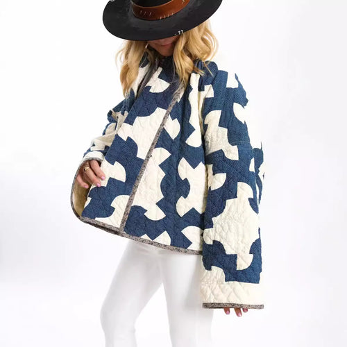 Damen Gequiltete Oversize-Jacke mit Patchworkmuster und weiter Kimono-Ärmel Echo Archiv