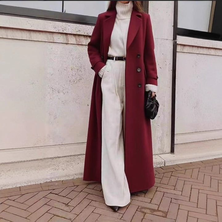 Damen Langer doppeltreihiger Wollmantel mit Reverskragen und taillierter Silhouette – Montévia
