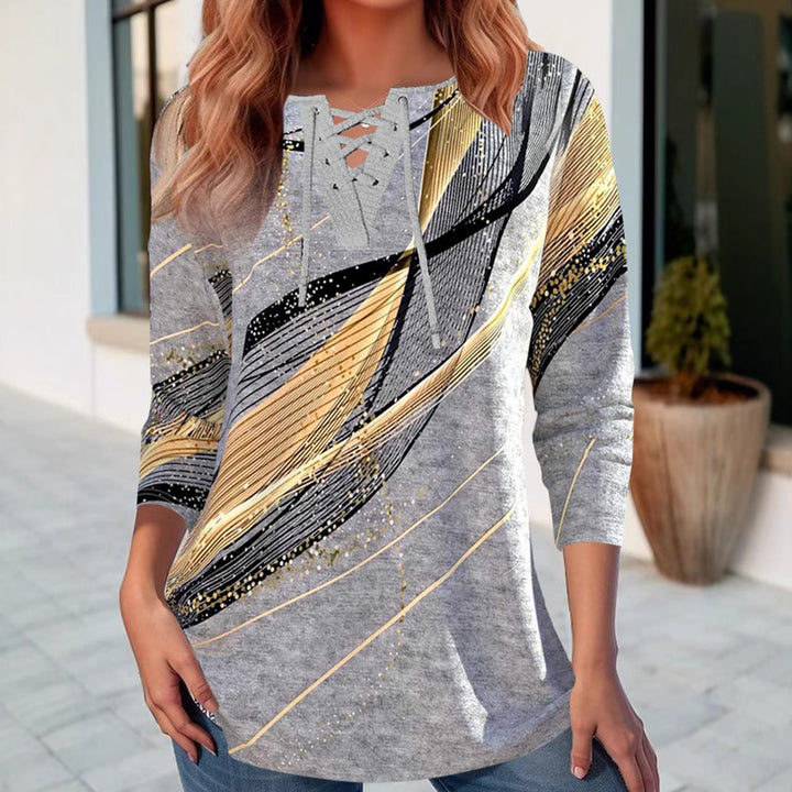 Damen nan Schnürkragen-Longshirt mit dreiviertel-Ärmeln und grafischem Metallic-Print Echo Archiv