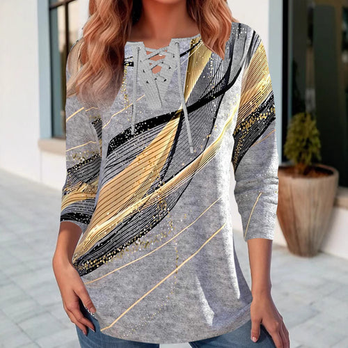 Damen nan Schnürkragen-Longshirt mit dreiviertel-Ärmeln und grafischem Metallic-Print Echo Archiv