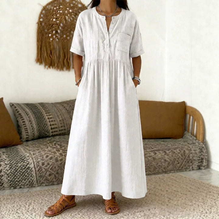 Damen Langes Boho‑Maxikleid mit Henley‑Knopfleiste, Brusttasche und seitlichen Eingrifftaschen Echoarchiv