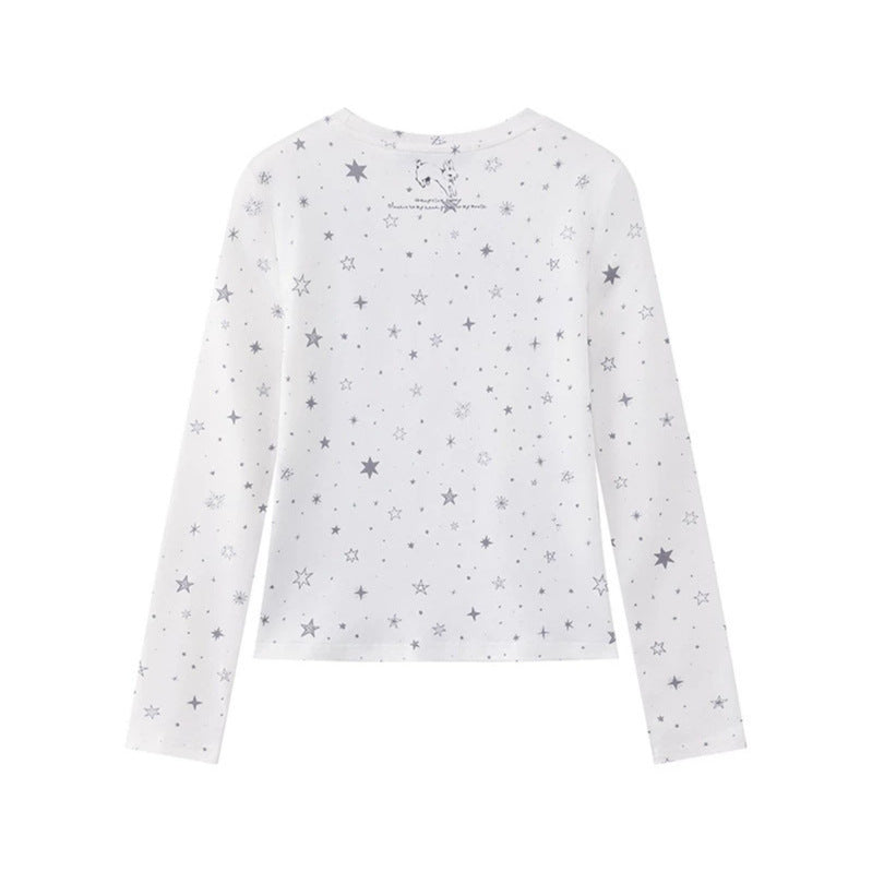 Damen Langarmshirt mit fotorealistischem Hasen-Fotoprint, Allover-Sternenmuster und elastischem Jersey Echoarchiv