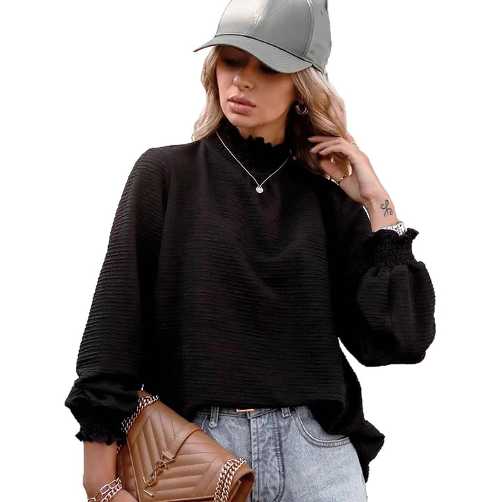 Damen langärmlige Strukturbluse mit gerafftem Stehkragen und Smokbündchen – Élovi