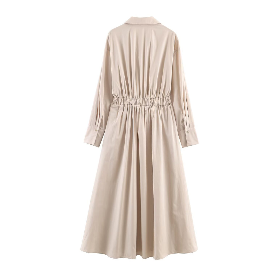 Damen Langärmeliges Hemdblusenkleid mit weitem Faltenrock und Taillengürtel Echo Archiv