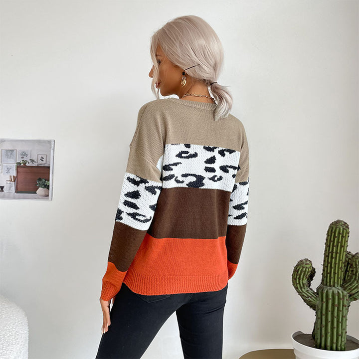 Damen Colorblock Strickpullover mit Leopardenprint-Einsatz und lässiger Oversize-Passform Echoarchiv