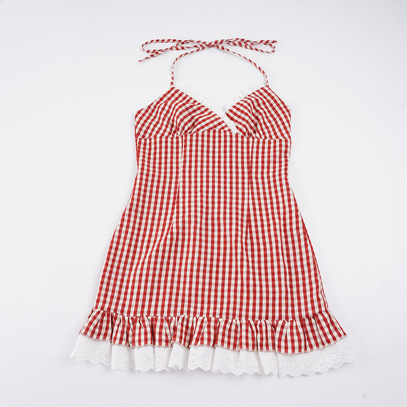Damen Spaghetti-Trägerkleid mit verspieltem Vichy-Muster und Rüschensaum Echo Archiv