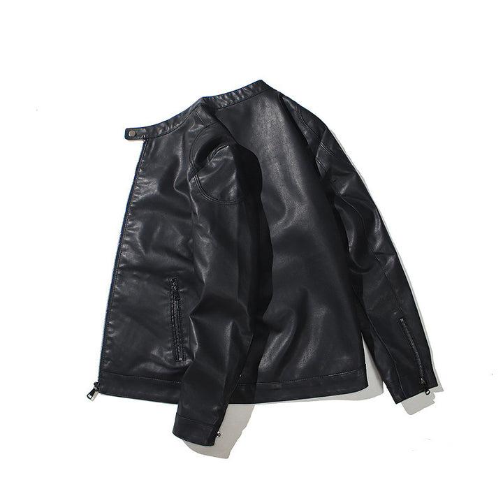Herren Schlanke Kunstleder-Bikerjacke mit Stehkragen und verdecktem Reißverschluss – Taviero