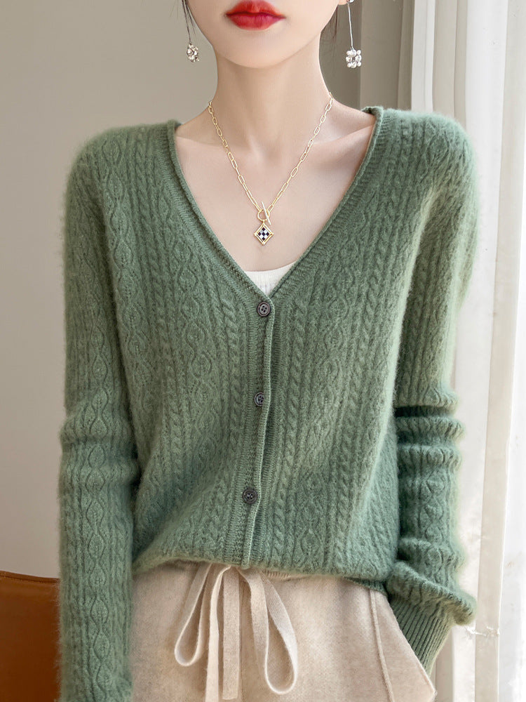 Damen Kurzer Zopfmuster-Cardigan im Mohair-Look mit V‑Ausschnitt und gerippten Bündchen Echoarchiv