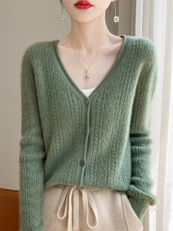 Damen Kurzer Zopfmuster-Cardigan im Mohair-Look mit V‑Ausschnitt und gerippten Bündchen Echoarchiv