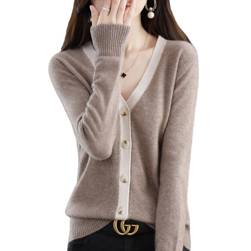 Damen Kontrastbesetzter V‑Neck-Feinstrickcardigan mit Perlmuttknöpfen Echoarchiv