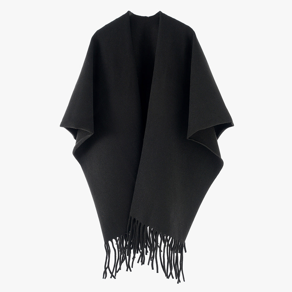 Damen Minimalistischer Wollcape-Überwurf mit Fransensaum und offenem Fall Echo Archiv