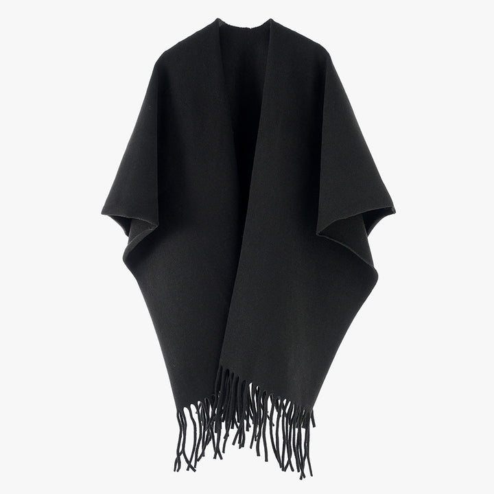 Damen Minimalistischer Wollcape-Überwurf mit Fransensaum und offenem Fall Echo Archiv