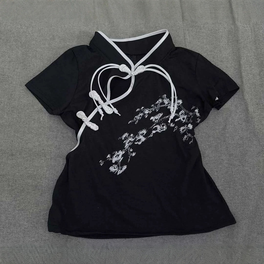 Damen Modernes Chinesisches Kurzarm-T-Shirt mit kreativem Knotendesign Echo Archiv