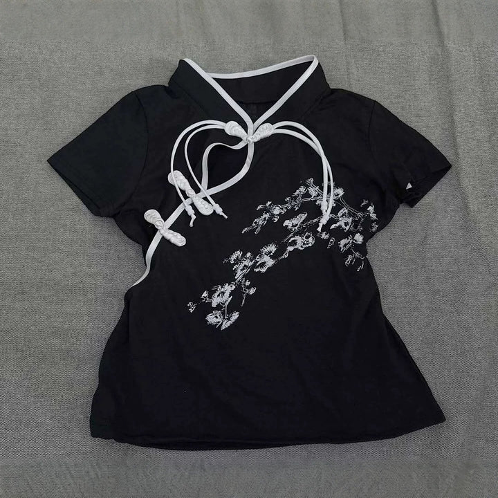Damen Modernes Chinesisches Kurzarm-T-Shirt mit kreativem Knotendesign Echo Archiv