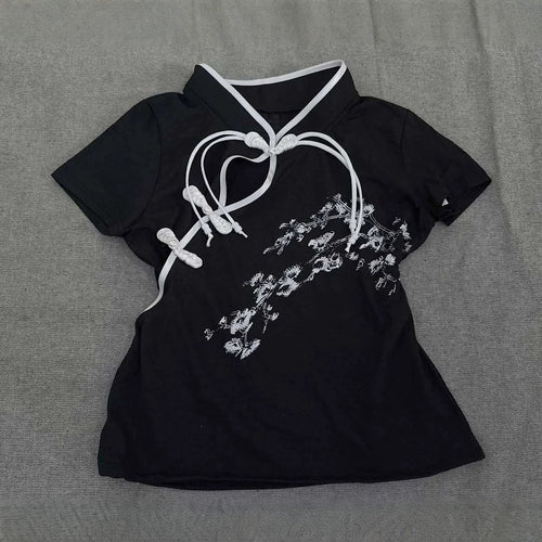 Damen Modernes Chinesisches Kurzarm-T-Shirt mit kreativem Knotendesign Echo Archiv