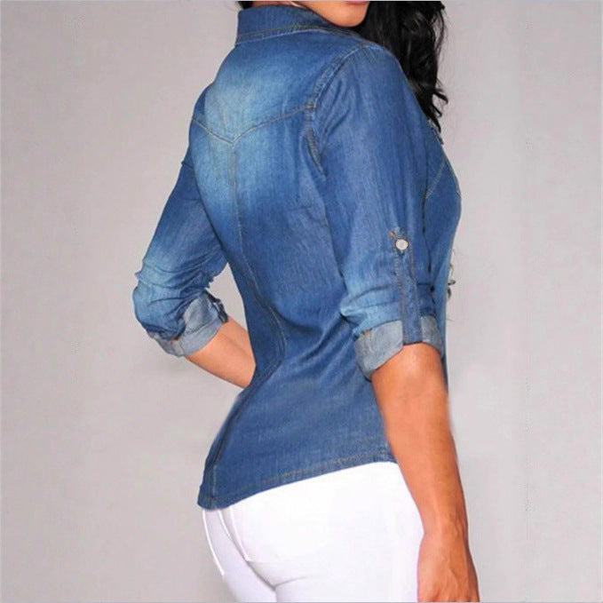 Damen taillierte Denim-Hemdbluse mit Brusttaschen und Perlmuttknöpfen Echo Archiv