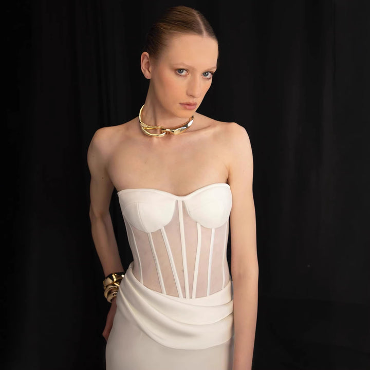 Damen Corsage-Langarmkleid mit elegantem Schnitt und fließendem Rock Echo Archiv