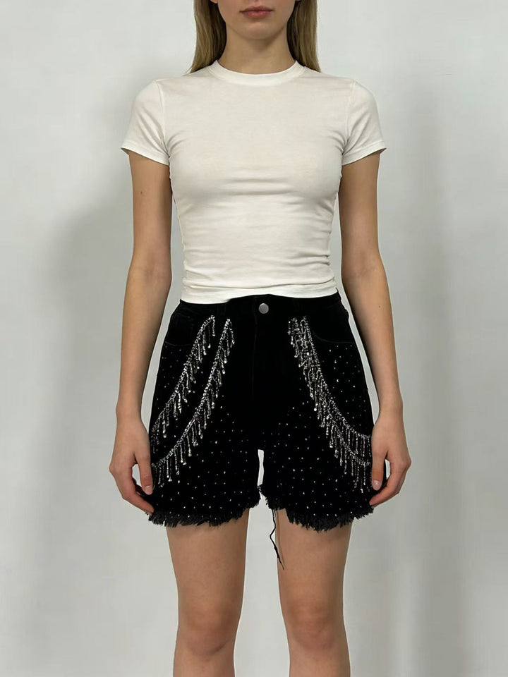 Damen Designer Denim-Shorts mit trendigen Kettenverzierungen Echo Archiv