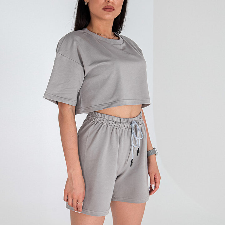 Damen Zweiteiliges Cropped-Lounge-Set aus Baumwolljersey mit elastischer Kordelzug-Shorts – Élanora