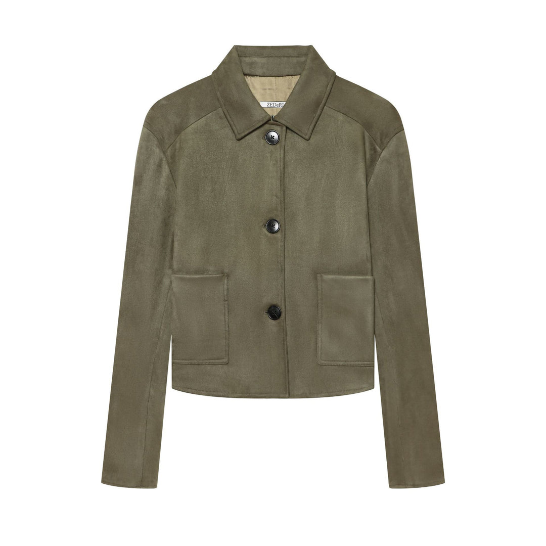 Damen Taillierter Cropped-Blouson aus Veloursimitat mit Hemdkragen und aufgesetzten Taschen Echo Archiv