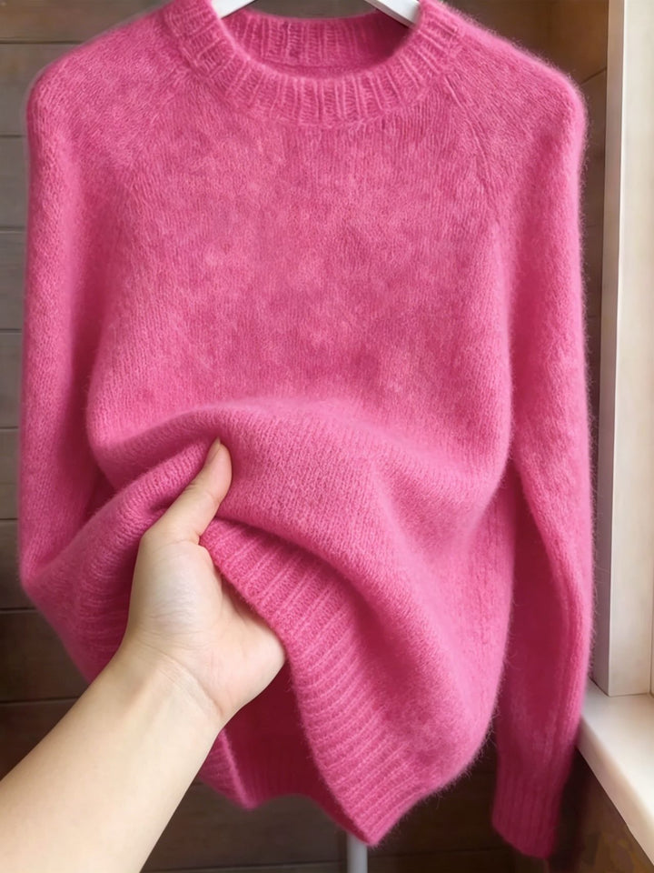 Damen Oversize Mohair‑Mix Rundhalspullover mit Raglanärmeln und geripptem Saum – Mavelle