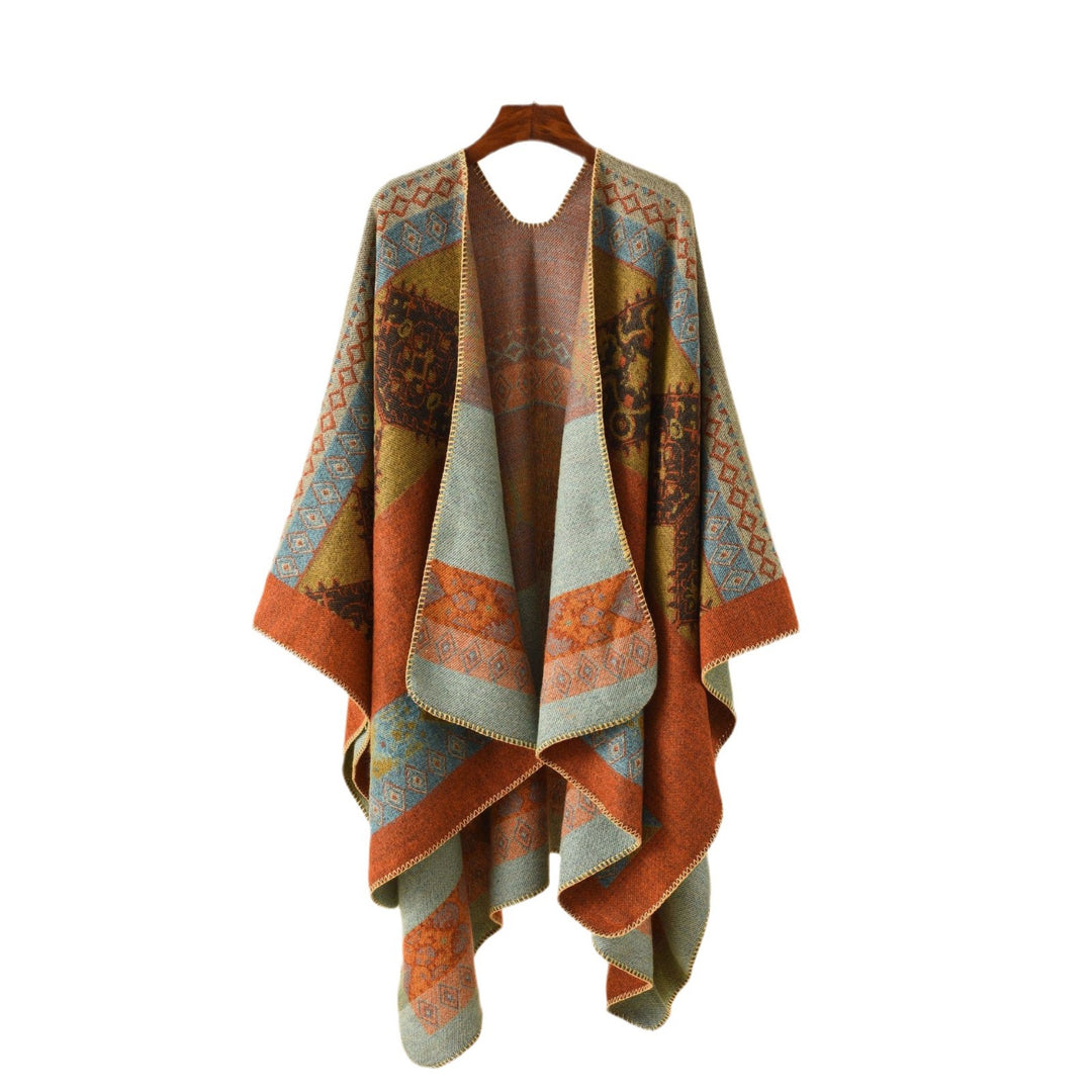 Damen Jacquard-Poncho-Cape mit Ethno-Muster und Wollmix Echo Archiv