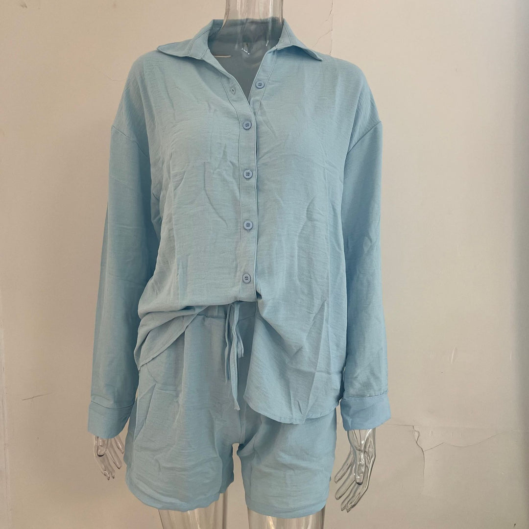 Damen Leinenoptik dreiteiliges Sommer-Lounge-Set mit Oversize-Hemd Cropped-Top und High-Waist-Shorts – Élanora