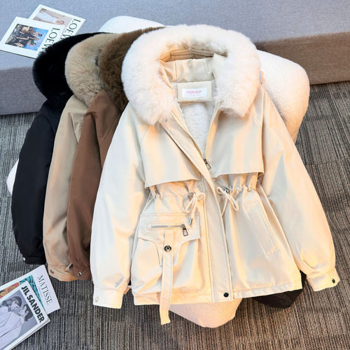 Damen nan kurze gefütterte Parka mit Kunstpelzkragen Teddyfutter Taillenzug und Multifunktions-Taschen Echo Archiv