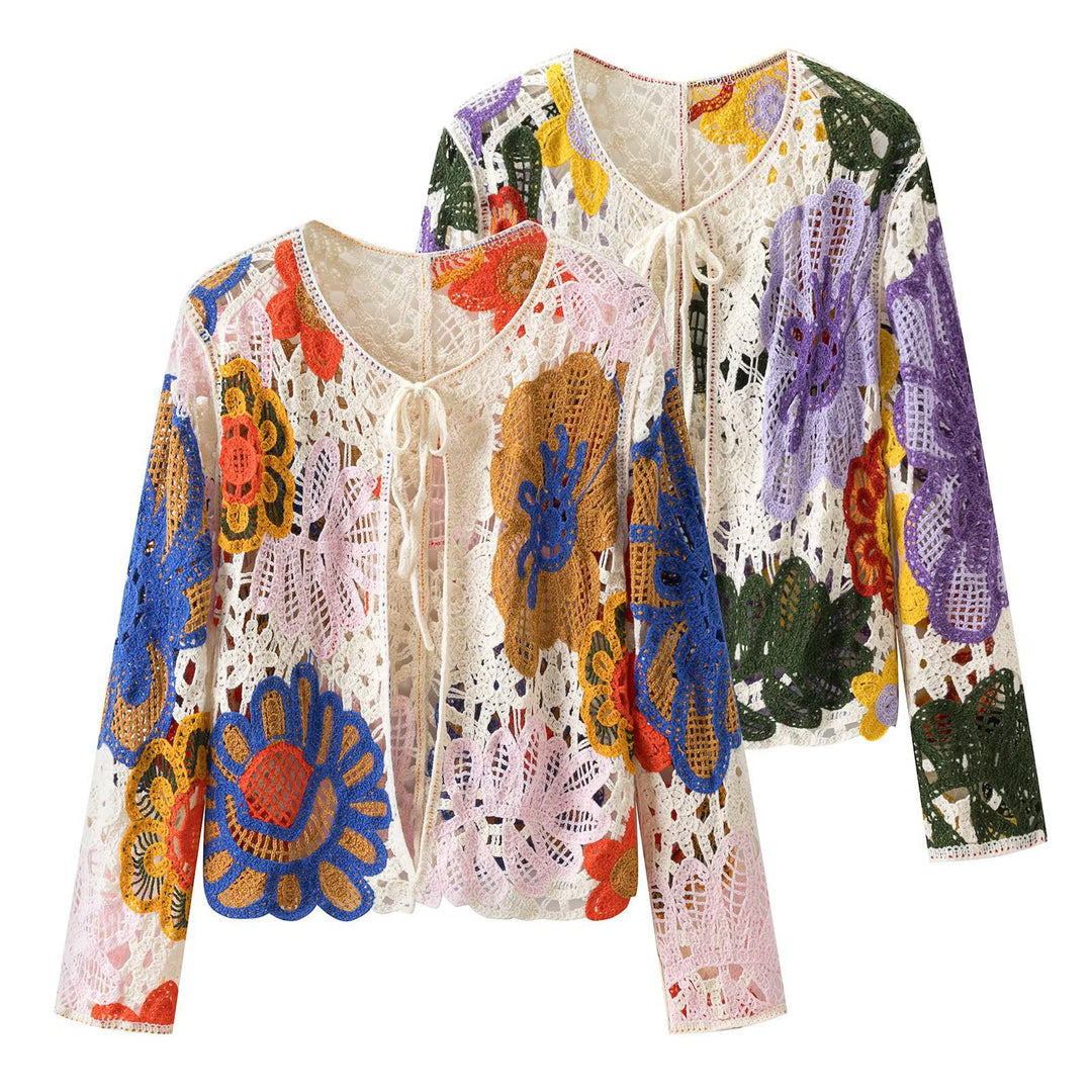 Damen Häkel-Cardigan mit floralen Applikationen und Bindeband Echo Archiv