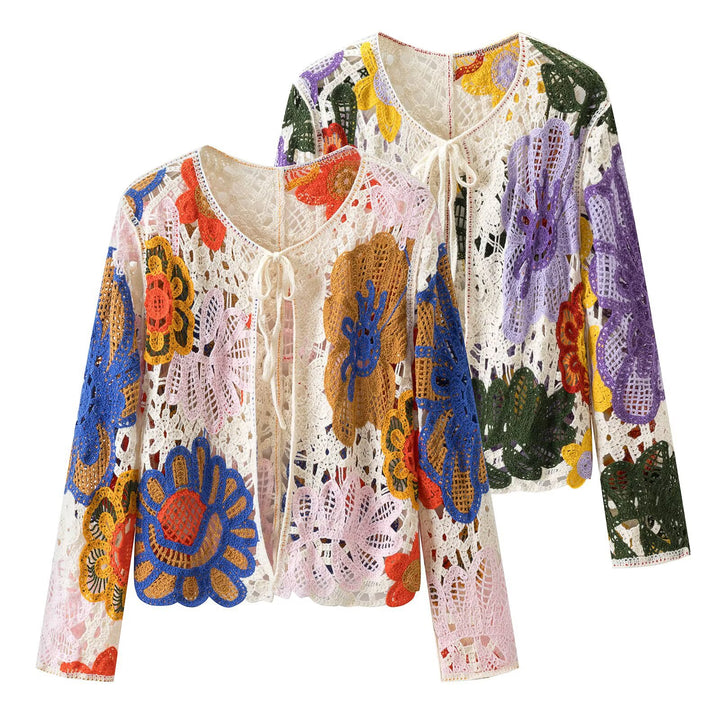 Damen Häkel-Cardigan mit floralen Applikationen und Bindeband Echo Archiv