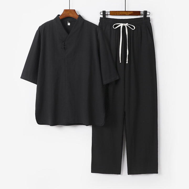 Herren Zweiteiliges Leichtes Loungewear-Set mit Stehkragen-Halbarmshirt und Kordelbund-Hose Echoarchiv