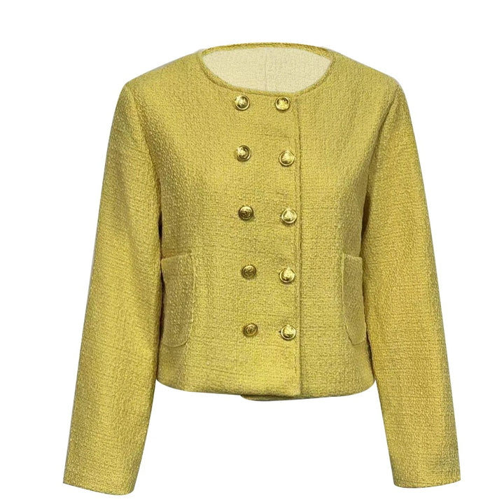 Damen Kurzjacke aus Bouclé mit doppelreihiger Knopfleiste und aufgesetzten Taschen – Célinea