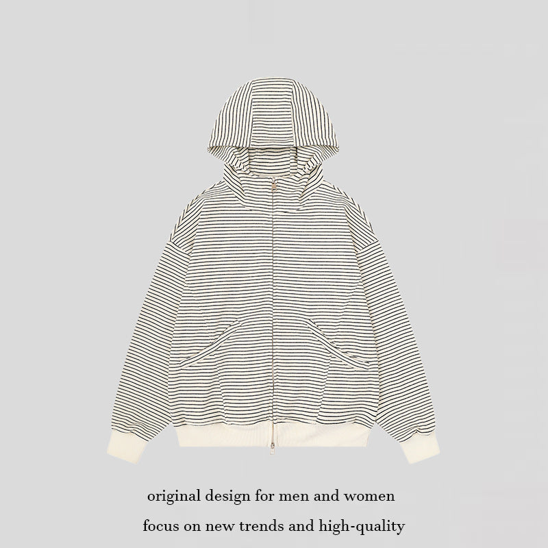 Unisex Gestreifte Kapuzen-Sweatjacke mit Reißverschluss und Kängurutaschen Echoarchiv