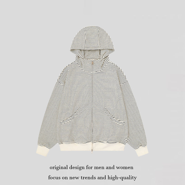 Unisex Gestreifte Kapuzen-Sweatjacke mit Reißverschluss und Kängurutaschen Echoarchiv