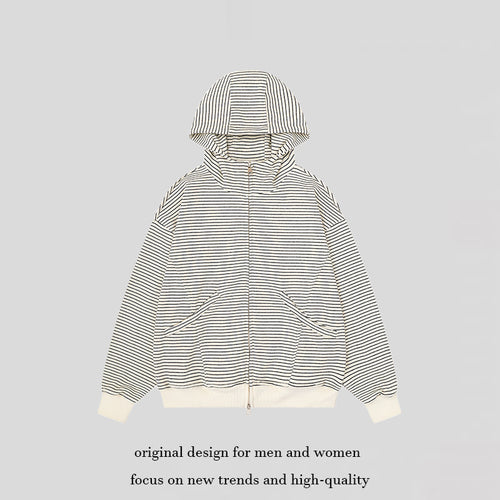 Unisex Gestreifte Kapuzen-Sweatjacke mit Reißverschluss und Kängurutaschen Echoarchiv