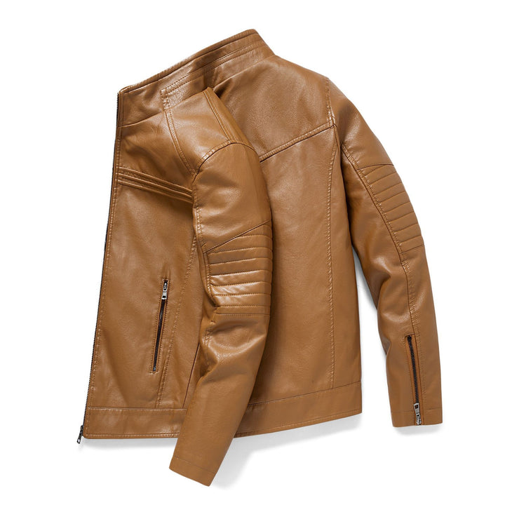 Herren Slim-Fit Kunstleder-Motojacke mit Stehkragen und gesteppter Ärmelpasse Echoarchiv