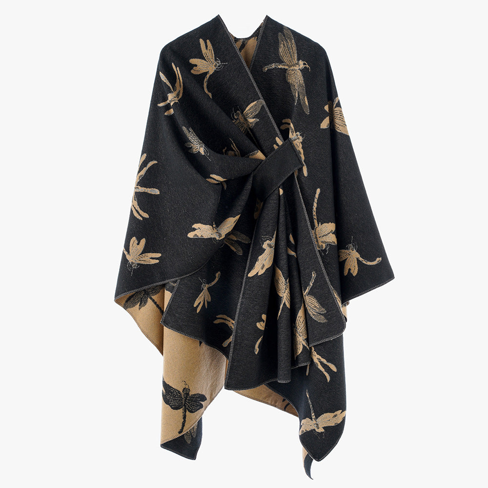 Damen Kaschmirähnlicher Jacquard‑Cape mit Libellen‑Motiv und Bindegürtel – Avérine