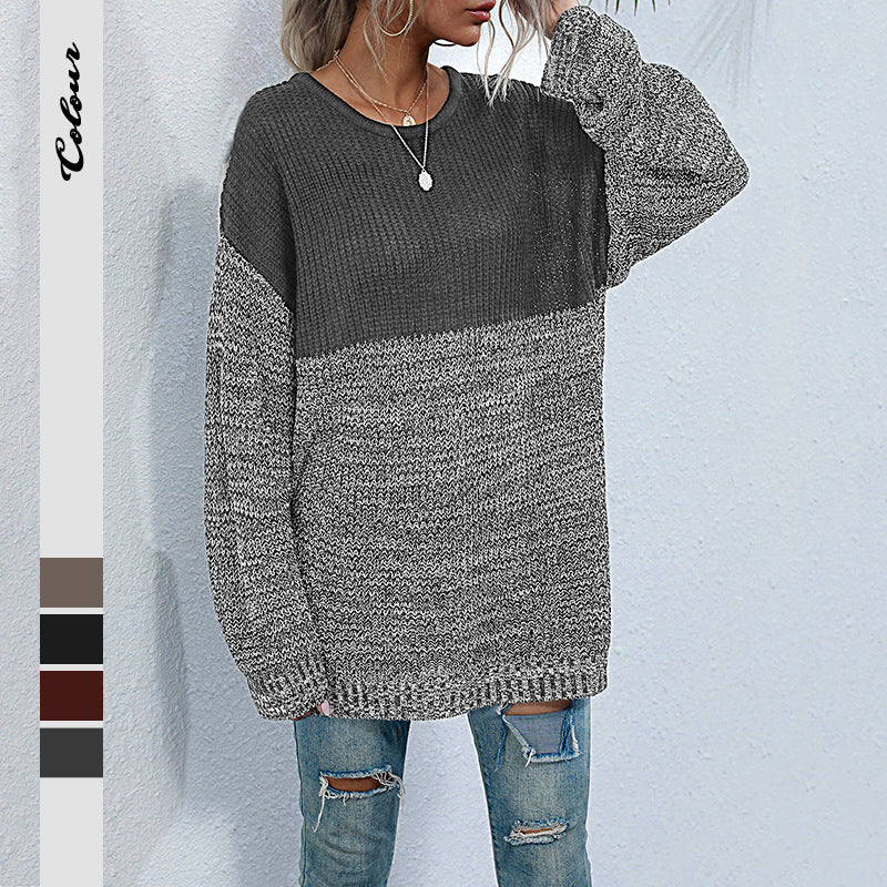 Damen Oversize-Strickpullover im Melange-Blockdesign mit Rundhalsausschnitt & verlängertem Saum Echoarchiv