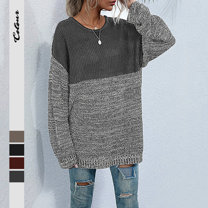 Damen Oversize-Strickpullover im Melange-Blockdesign mit Rundhalsausschnitt & verlängertem Saum Echoarchiv