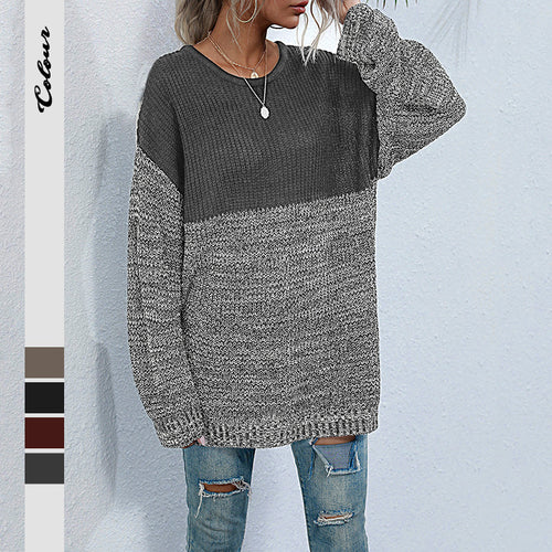 Damen Oversize-Strickpullover im Melange-Blockdesign mit Rundhalsausschnitt & verlängertem Saum Echoarchiv