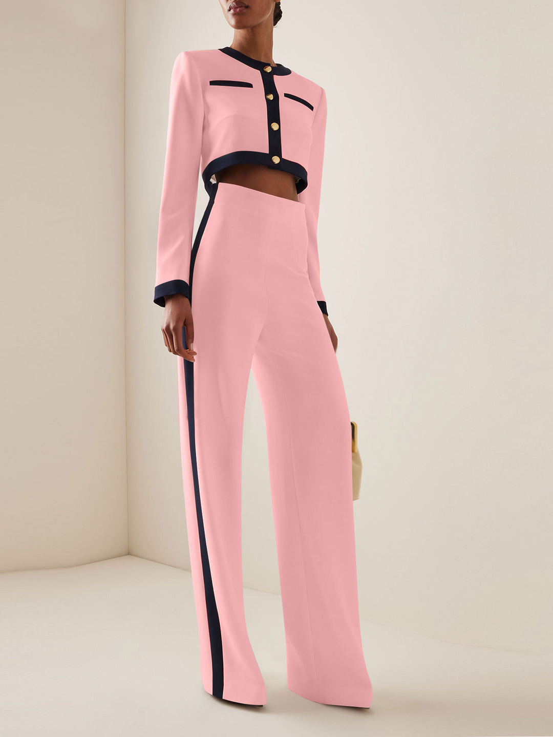 Damen Kurzgeschnittenes Cropped-Tailoring-Set mit Kontrastpaspel und High‑Waist Palazzo-Hose – Avélisse